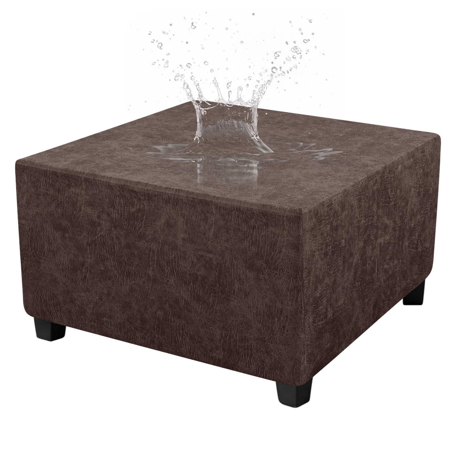 HYGPP Faux Leather Ottoman Cover Rectangle Ottoman Slipcover Waterproof Storage Ottoman Cover Stretch Non Slip Living Room Furniture Protector-Brown-Large(Brown,Large)