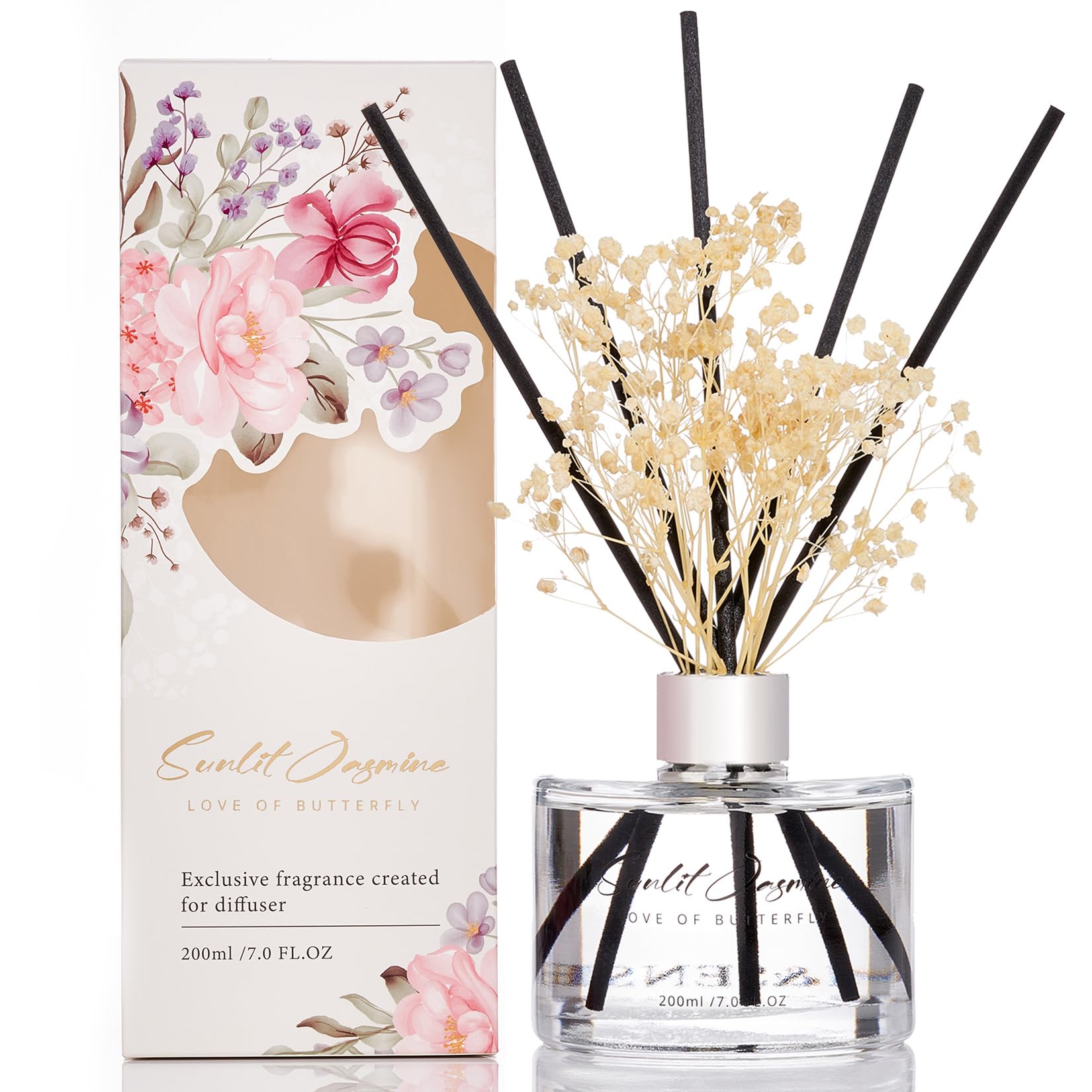 M&SENSE Reed Diffuser Set with 7 Sticks | 7.0oz Fresh Marine & Jasmine Scent, Home Fragrance Diffuser for Housewarming Diffuser Room Fresheners for Bathroom Long Lasting with Baby's Breath Flower