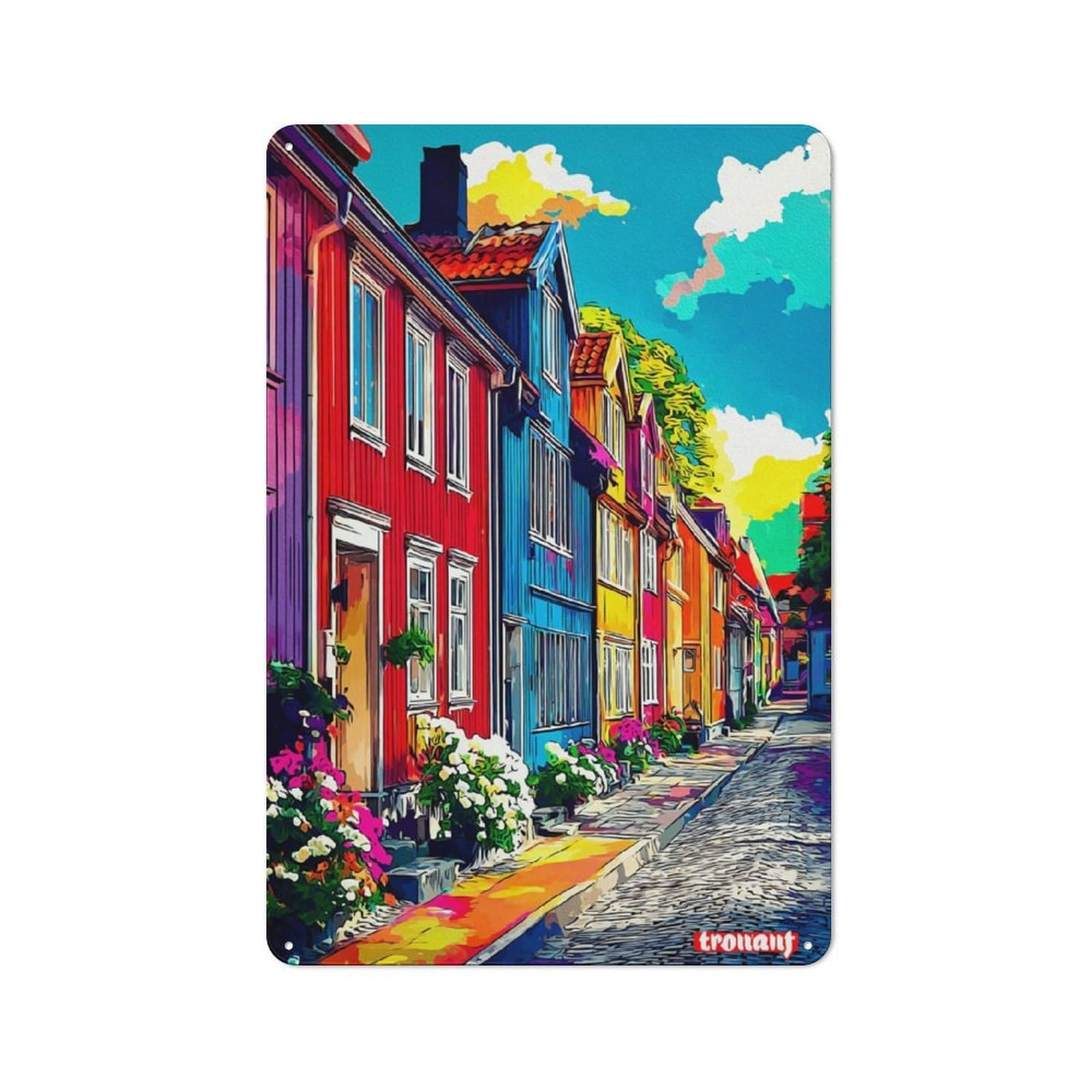 Junmoney Colorful Wooden Houses In A Sunny Village Rustic Metal Sign 30X20cm For Café Or Restaurant, Suited To Café Owners And Decorators