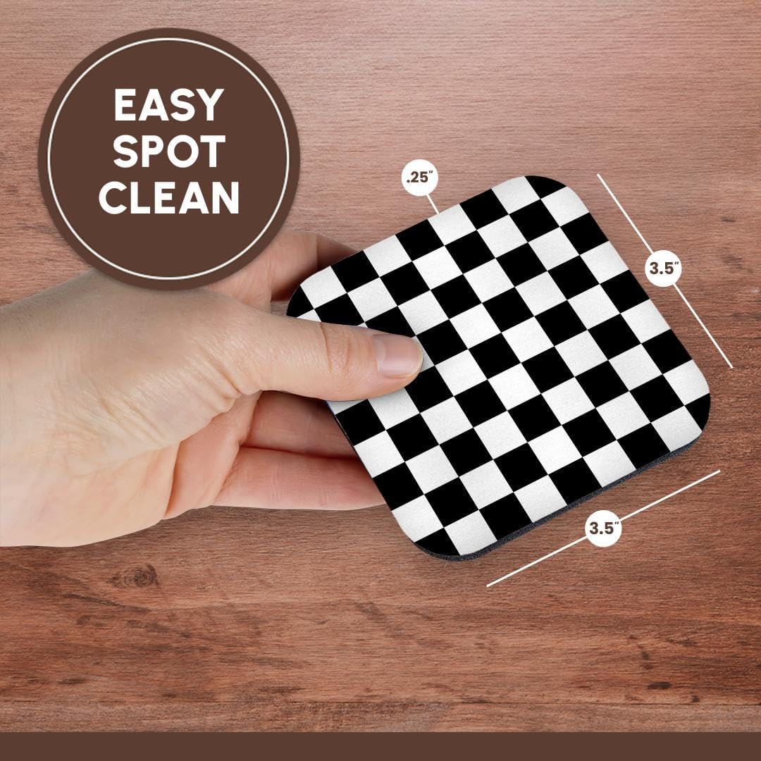 3dRose CST_154527_2 Check Black and White Pattern Checkered Checked Squares Chess Checkerboard Or Racing Car Race Flag Soft Coasters, Set of 8