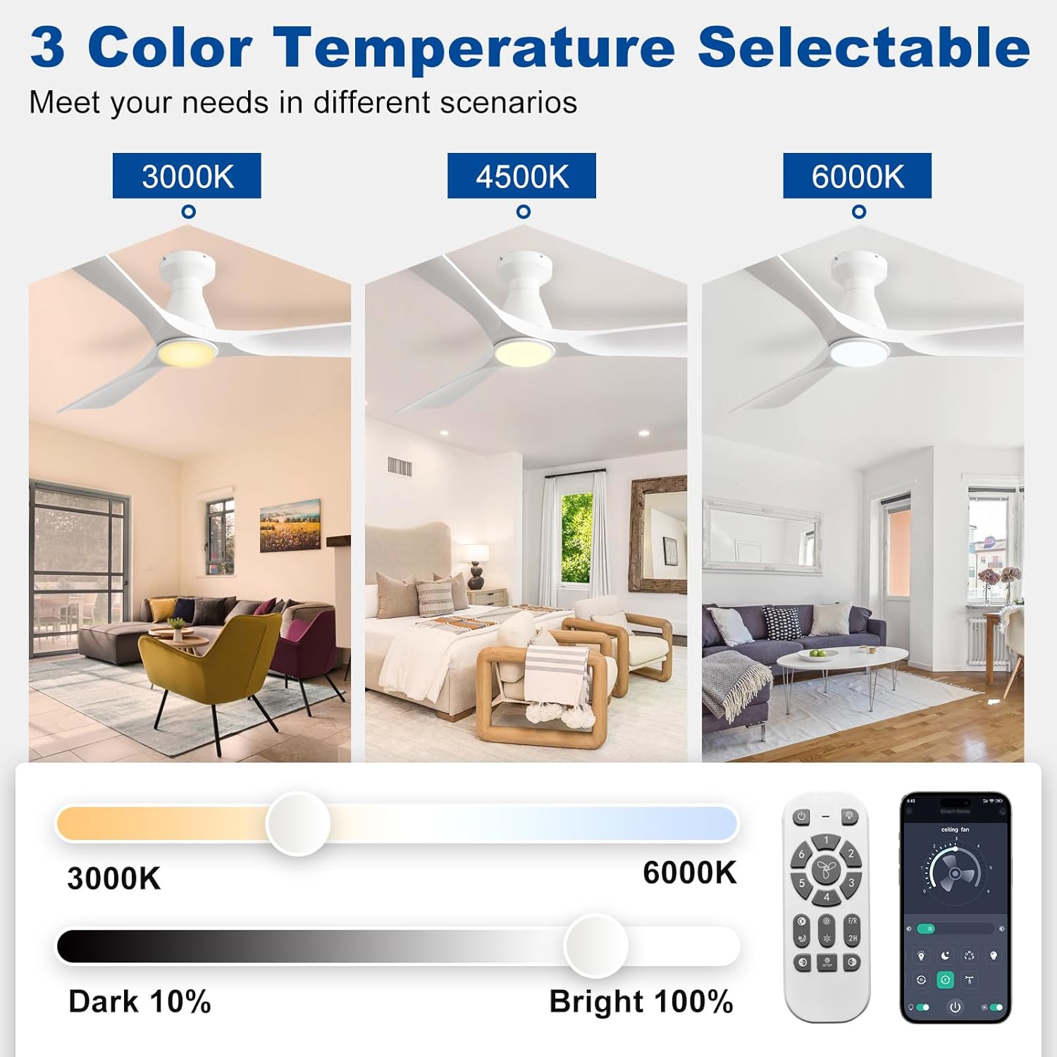 DLLT 42-Inch Ceiling Fans with Lights: Flush Mount Ceiling Fan 3 Blades for Indoor Outdoor - White Ceiling Fan with Remote APP Control Noiseless for Low Profile Bedroom