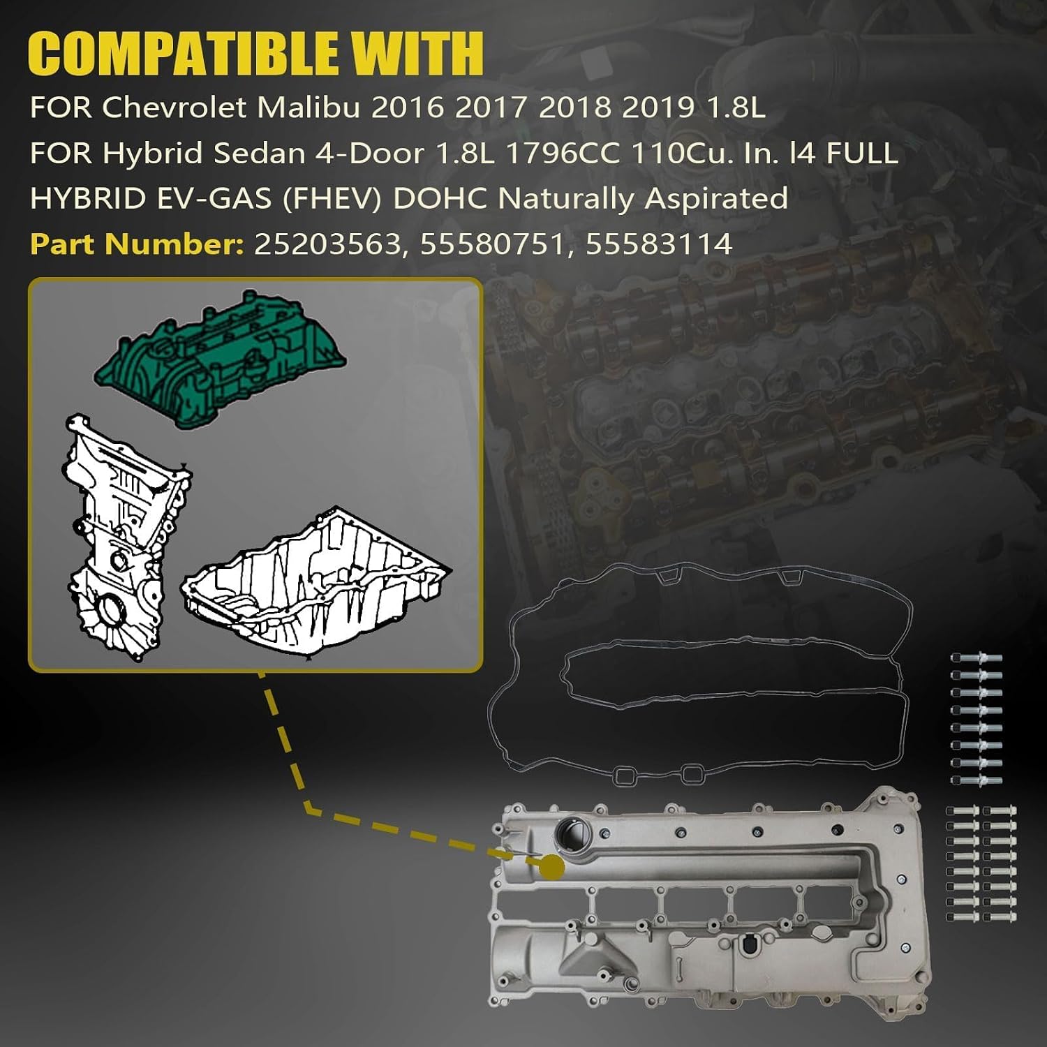 SecosAutoparts 1.8L Engine Camshaft Valve Cover Compatible with Chevrolet Malibu 2016 2017 2018 2019 Replace# 25203563 55580751 55583114 with Gasket & Bolts