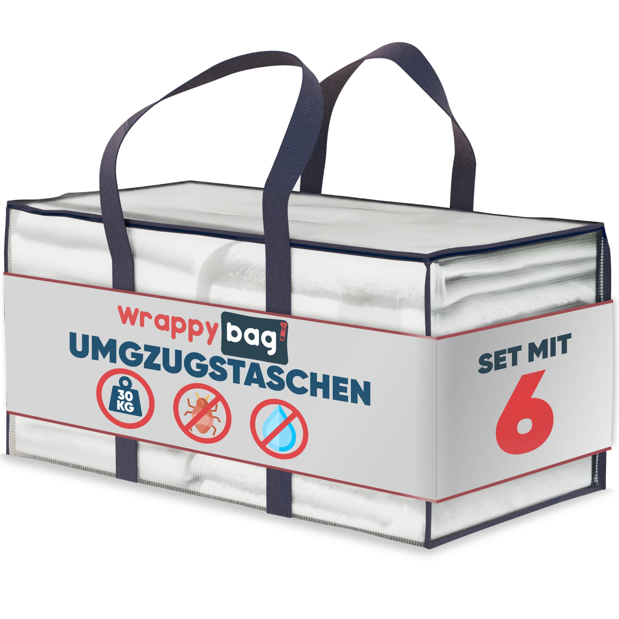 WRAPPYBAG 6er Pack Große Kunststoff Aufbewahrungstasche – XXL Tasche Groß für Umzug, Reise – Robust, Dick und Wasserabweisend mit Verstärkten Griffen – Für Kleidung und Bettwäsche – 75 x 36 x 38 cm