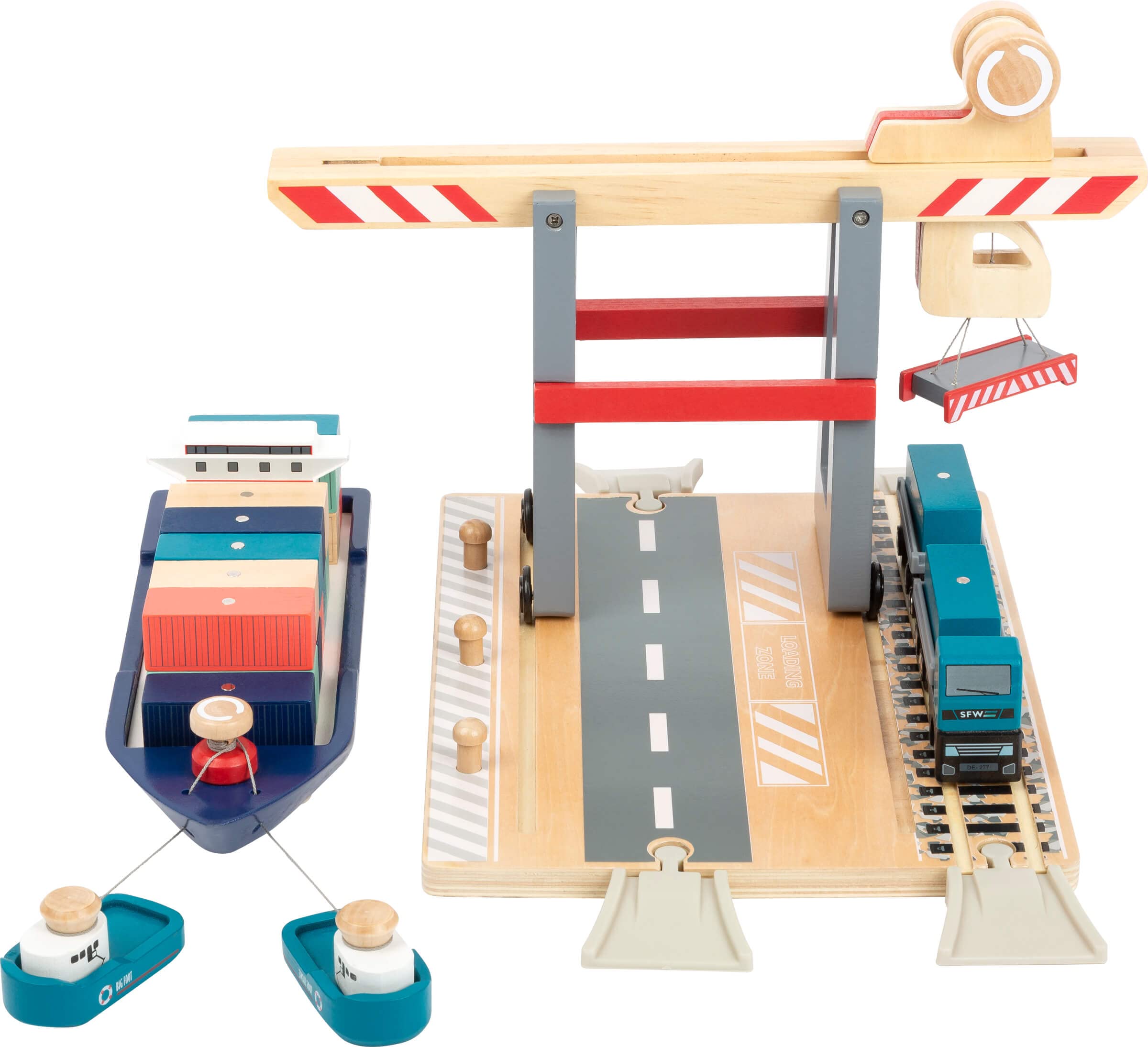 Small Foot Company- Terminal, Madera, con Puente móvil, Barco y contenedores, a Partir de 3 años de Edad Juguetes, Multicolor (11378)