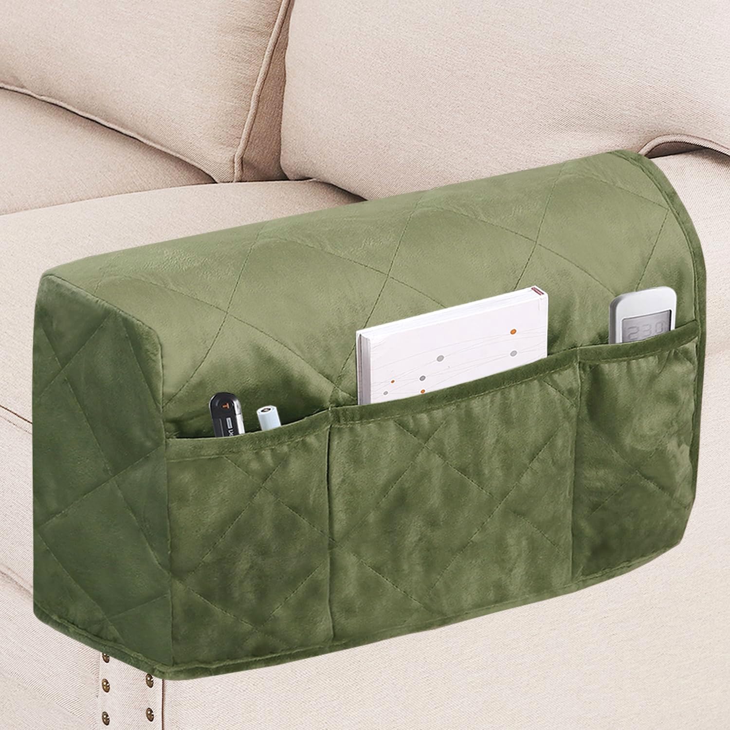 Turquoize Velvet Armrest Covers for Chairs and Sofas Couch Armrest Cover for Recliner with Side Pocket Non-Slip Arm Covers Protector for Dogs Washable Armrest Slipcovers Set of 2, Loden