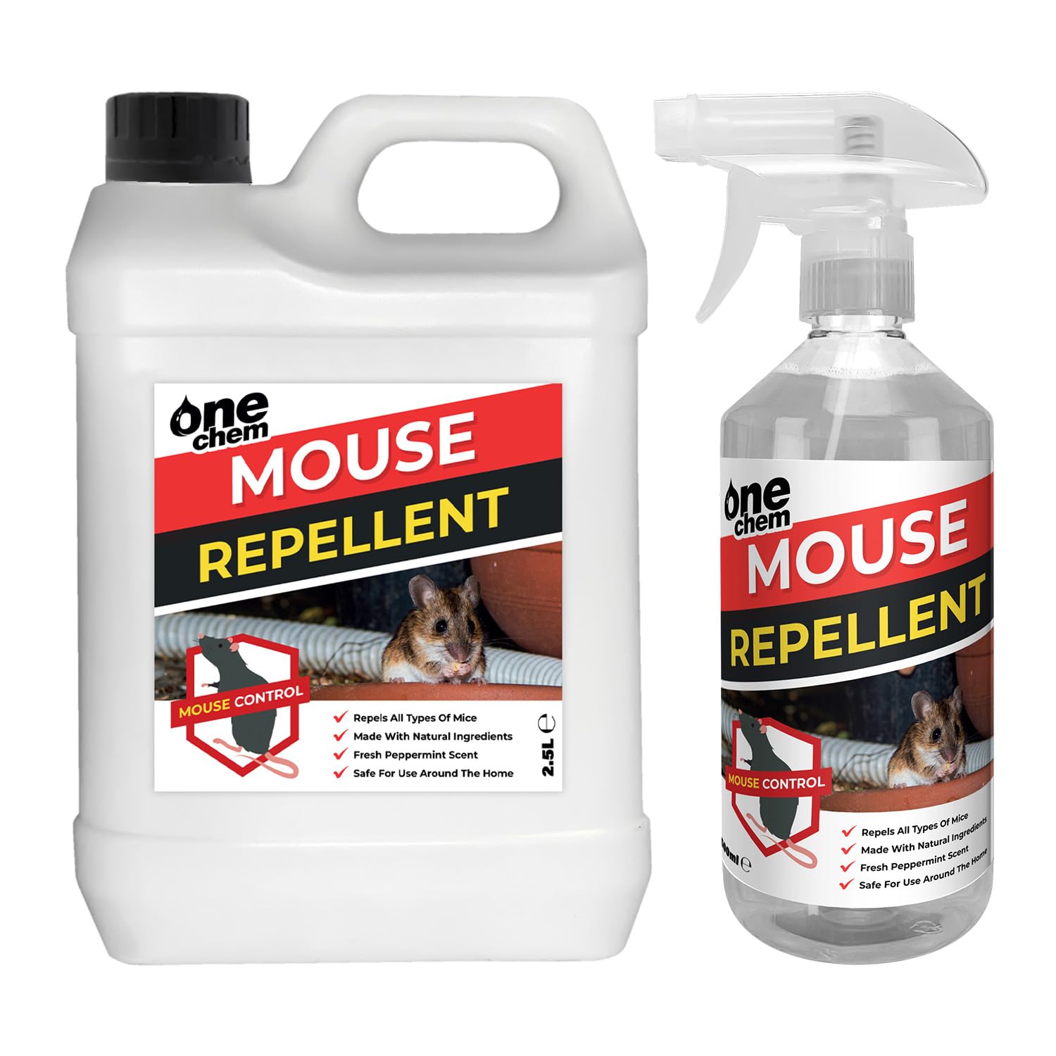 One Chem Mouse Repellent Spray, 2.5L + 500ml, Peppermint Scent, Anti-Rodent Solution for Home, Garden, Loft, Garage, Indoor and Outdoor Use