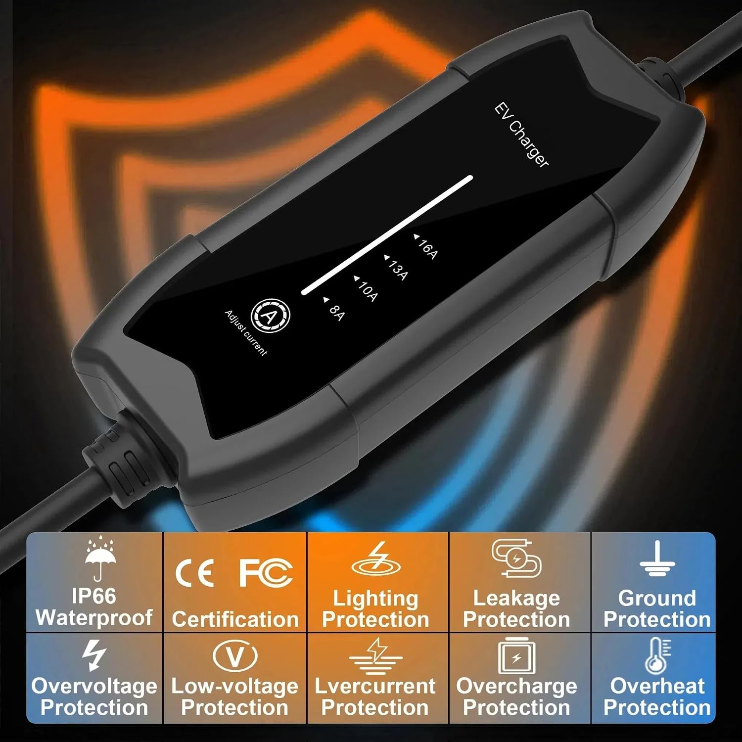 Mobile Home EV Charging Station Type 2 to NEMA 5-15P Plug, Portable EV Charger 16A 110VAC, Single Phase, 5m