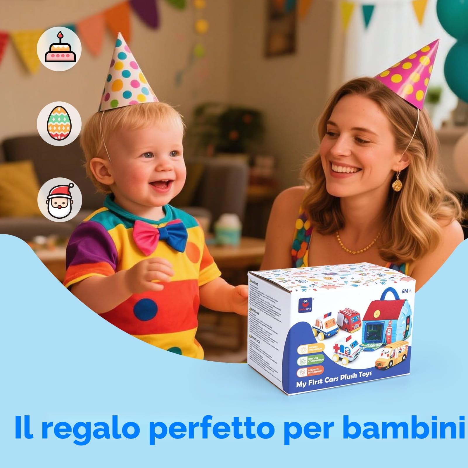 hahaland Giochi Neonato 6 9 12 Mesi - 4 PCS Peluche Macchinine per Bambini con 2 in 1 Borsa & Tappetino da Gioco - Giochi Montessori 1 Anno Regalo per Bimbo Bimba