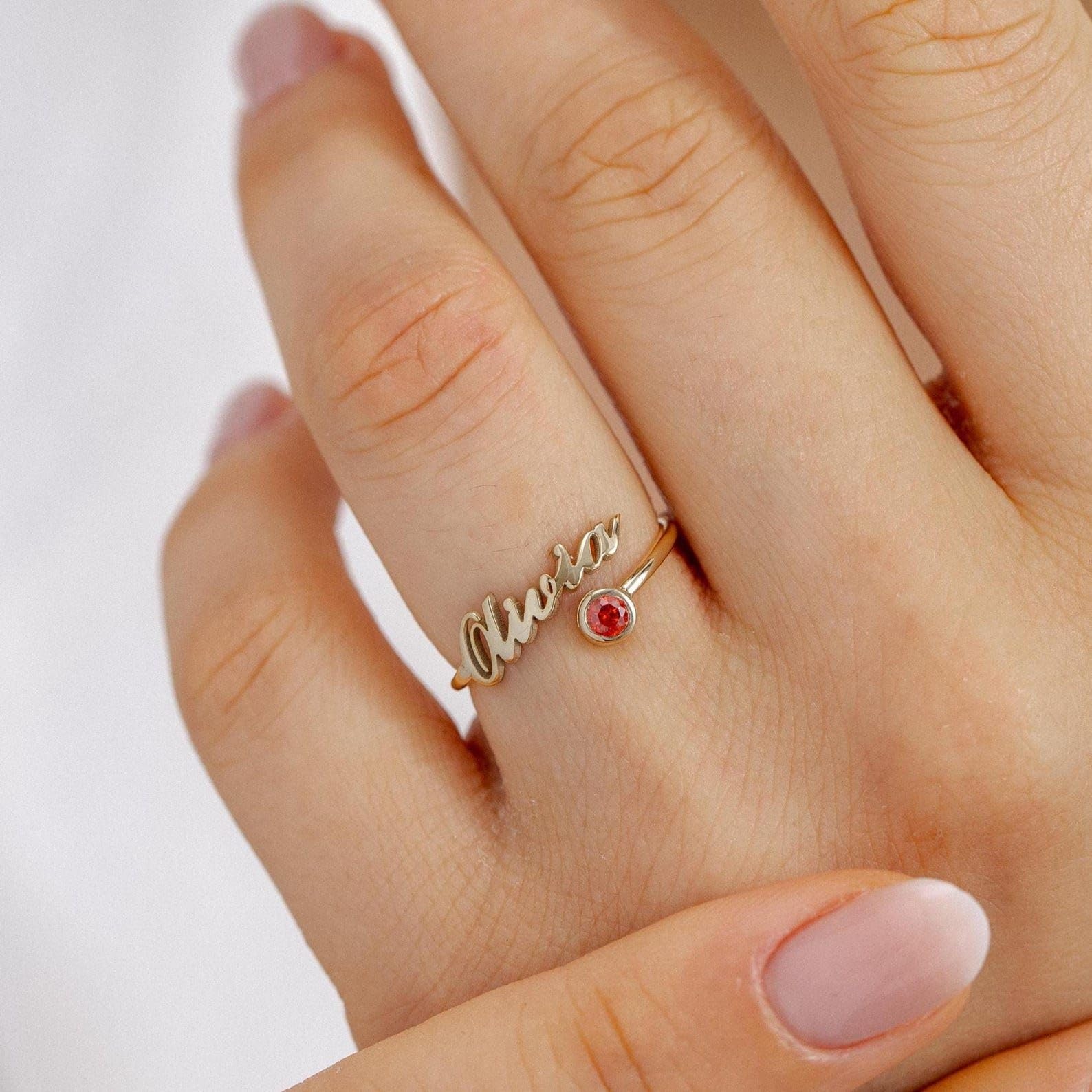 Personalisiert Geburtsstein Namensring individuell zum Stapeln Band minimalistisch Schmuck für Damen