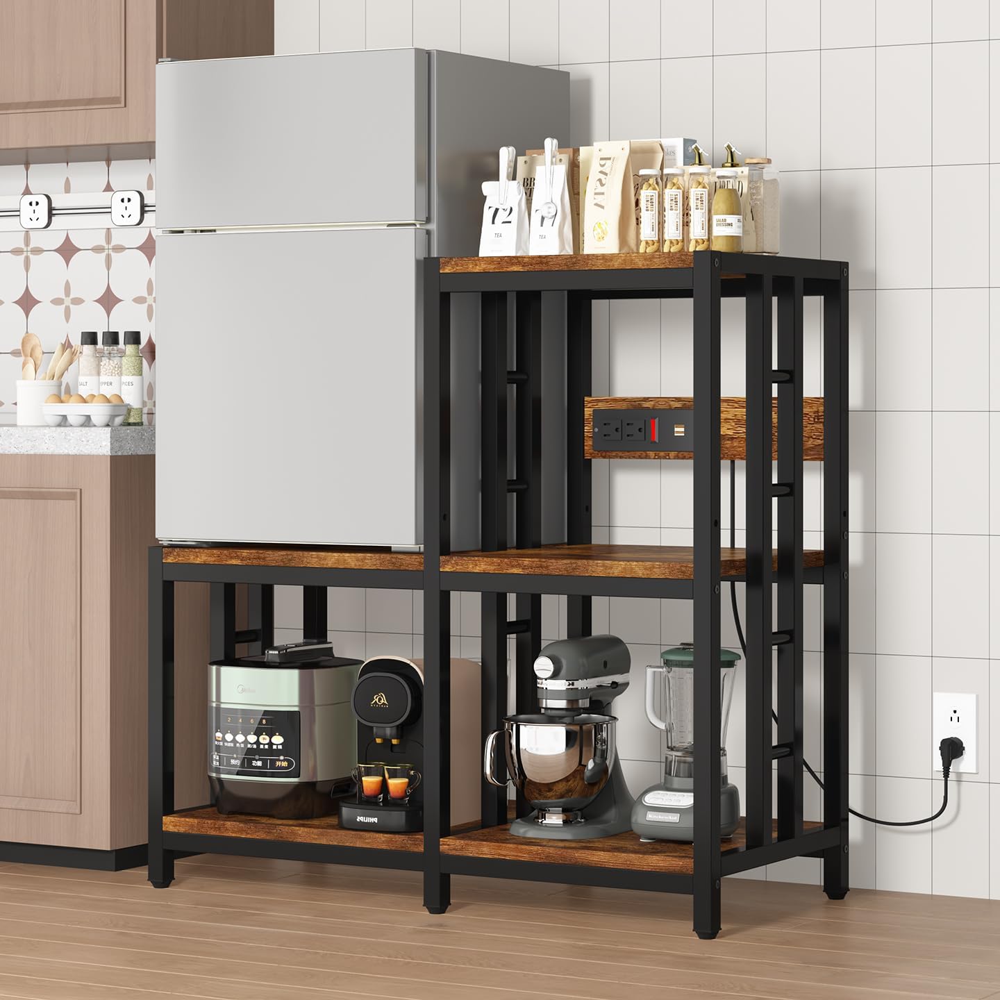 Mini Fridge Stand Coffee Bar Cabinet with Power Outlet, Baker Rack Microwave Stand with Large Tabletop, Space-Saving Organizer to Hide Small Refrigerator for Dorm, Apartment, Office, Kitchen