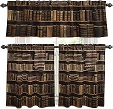 Vintage Bookshelf Window Curtains Valance Set of 3 Library Book Retro Rod Pocket Small Kitchen Curtain, Soft Window Treatment for Bedroom Party Holiday Decor