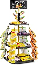 Chip Rack Display Stand for Party, 360° Wooden 4-Tier Snack Organizer, Candy Display Rack Holder, Lollipop Holder with DIY Handwritten Chalkboard for Party, Countertop, Concession Stand, and Pantry