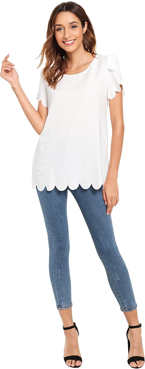 Floerns Women's Solid Scallop Hem Round Neck Short Sleeve Blouse Tops White XS