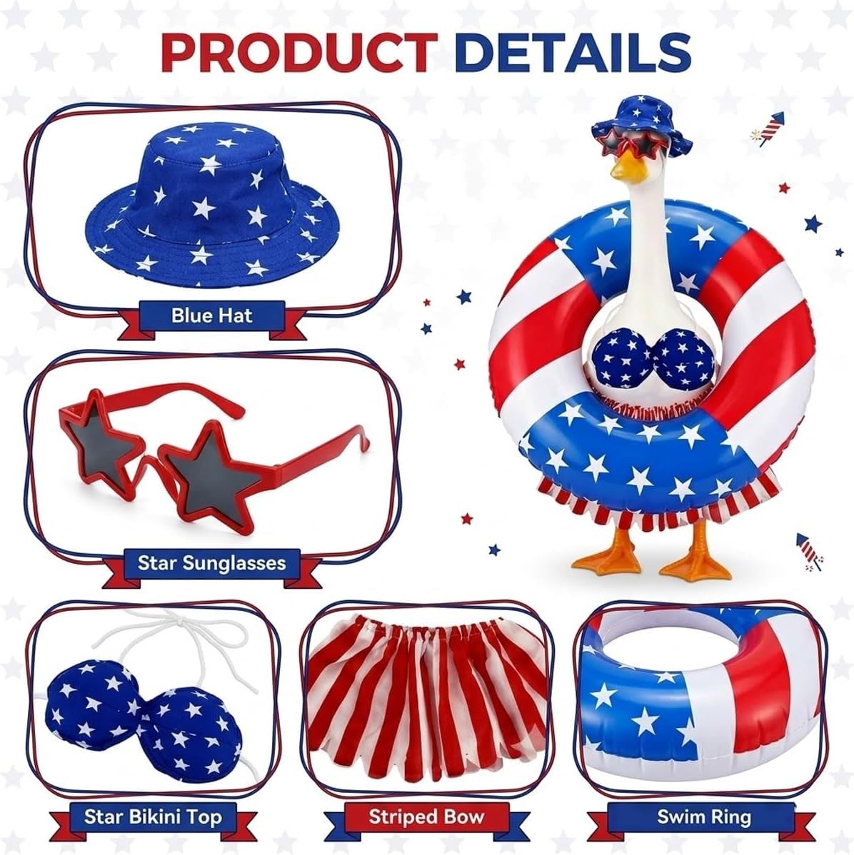 Porch Goose Memorial Day Outfit,4th of July Patriotic Summer Bikini Style Outfits for 23 Inch Goose Statue,Beach Decor for Lawn,Garden,Patio,Yard,USA 250th Anniversary Outdoor Decoration image 3