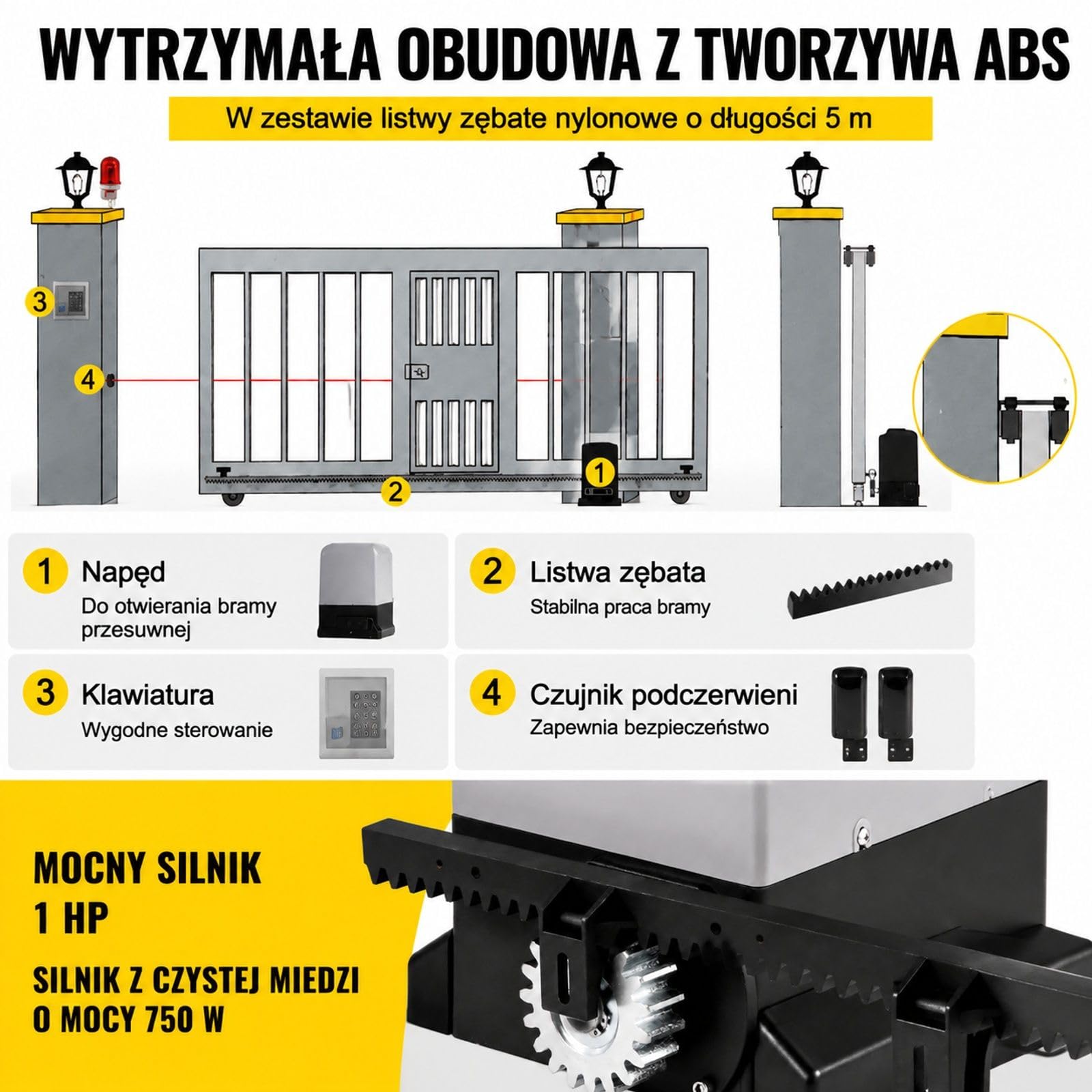 Napęd do bramy przesuwnej na podjazd, 1800 kg, silnik 750 W, ręczne zwalnianie kluczem, obudowa szaro czarna