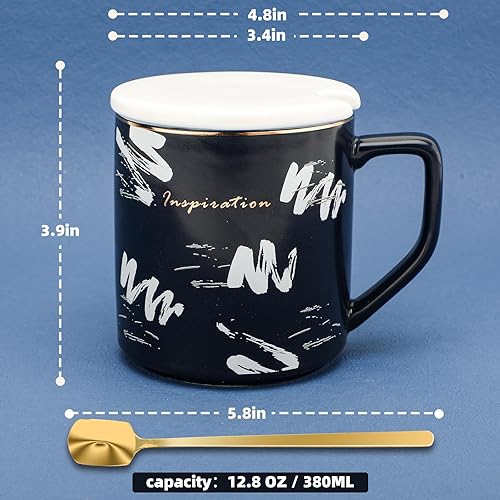 Miniatura 7 de Taza de café de cerámica de 12.8 onzas, tazas de patrón abstracto simple con tapa y cuchara para oficina y hogar, bebida de café, café con leche,