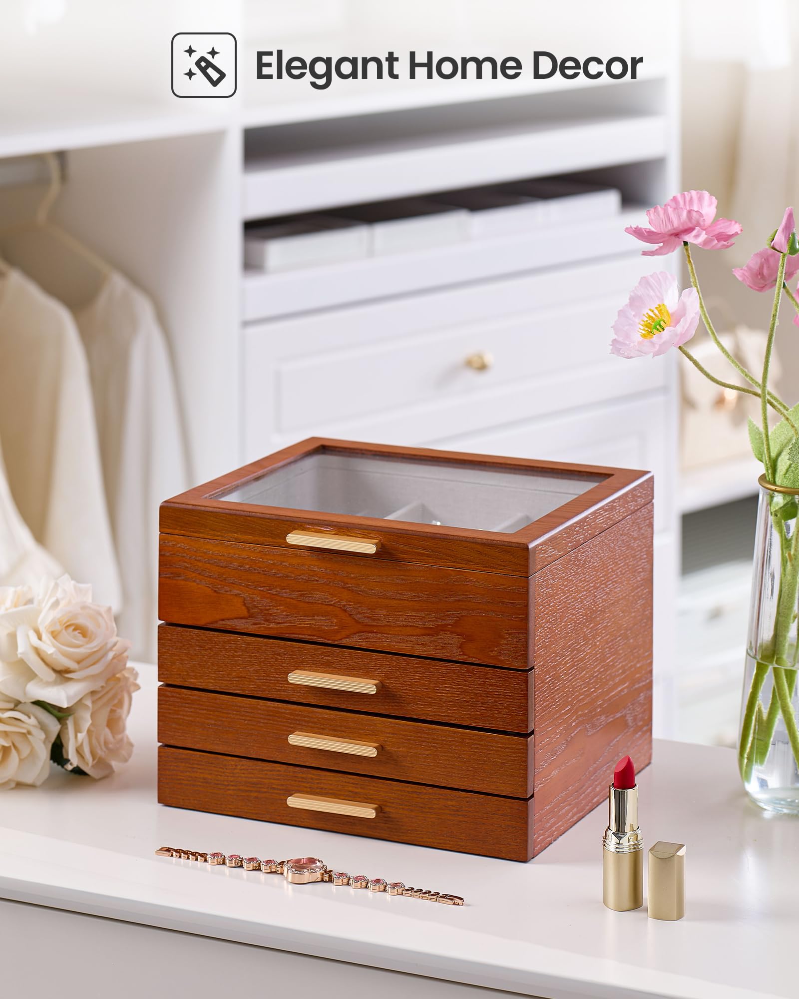 Lolalet Joyero de Madera, Cofre Organizador con Ventana Transparente, Caja para Collares, Pulseras, Pendientes y Anillos -Caja Elegante para Regalo y Almacenamiento– Cereza, 4 Capas
