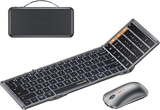 ProtoArc Backlit Foldable Keyboard and Mouse, XKM01 Pro Full-Size Portable Office Suite for Business Travel & Night Typing, Consistent Workspace Anywhere, 3-Device Connectivity for Hybrid Pros - Gray