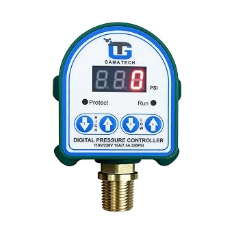 GamaTech 110V/220V 15A/7.5A Digital Adjustable Pressure Switch Controller for Water Pump and Air Pump, 1/2" Male NPT, 0-230 Psi