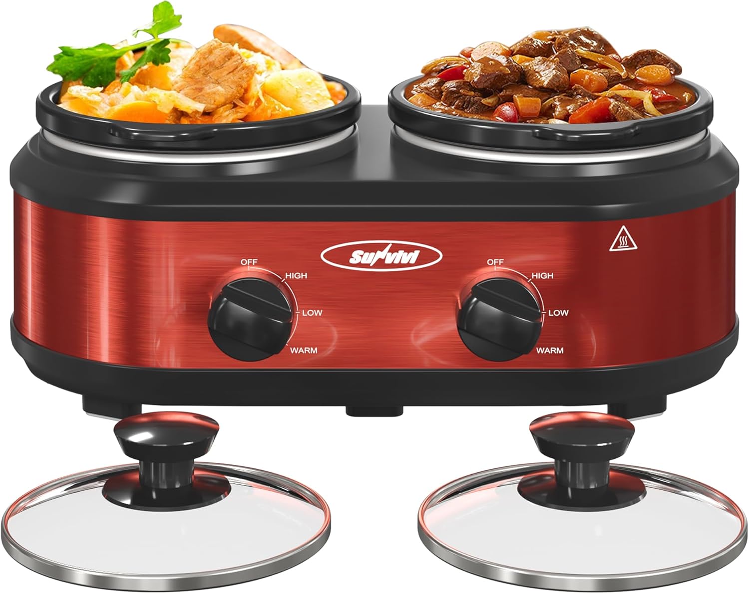Sunvivi Dual Slow Cooker, Buffet Server & Warmer with 2 Removable Ceramic Pots, 3 Adjustable Temp Settings & 2 Visible Glass Lids, Stainless Steel, 2 * 1.25 Quarts Grey
