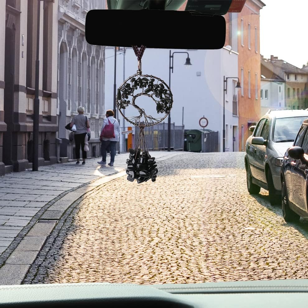 Vista 3 de DUQGUHO Accesorios para coche de piedra de cristal de obsidiana negra, accesorios para colgar en el espejo retrovisor, adorno colgante de cristal