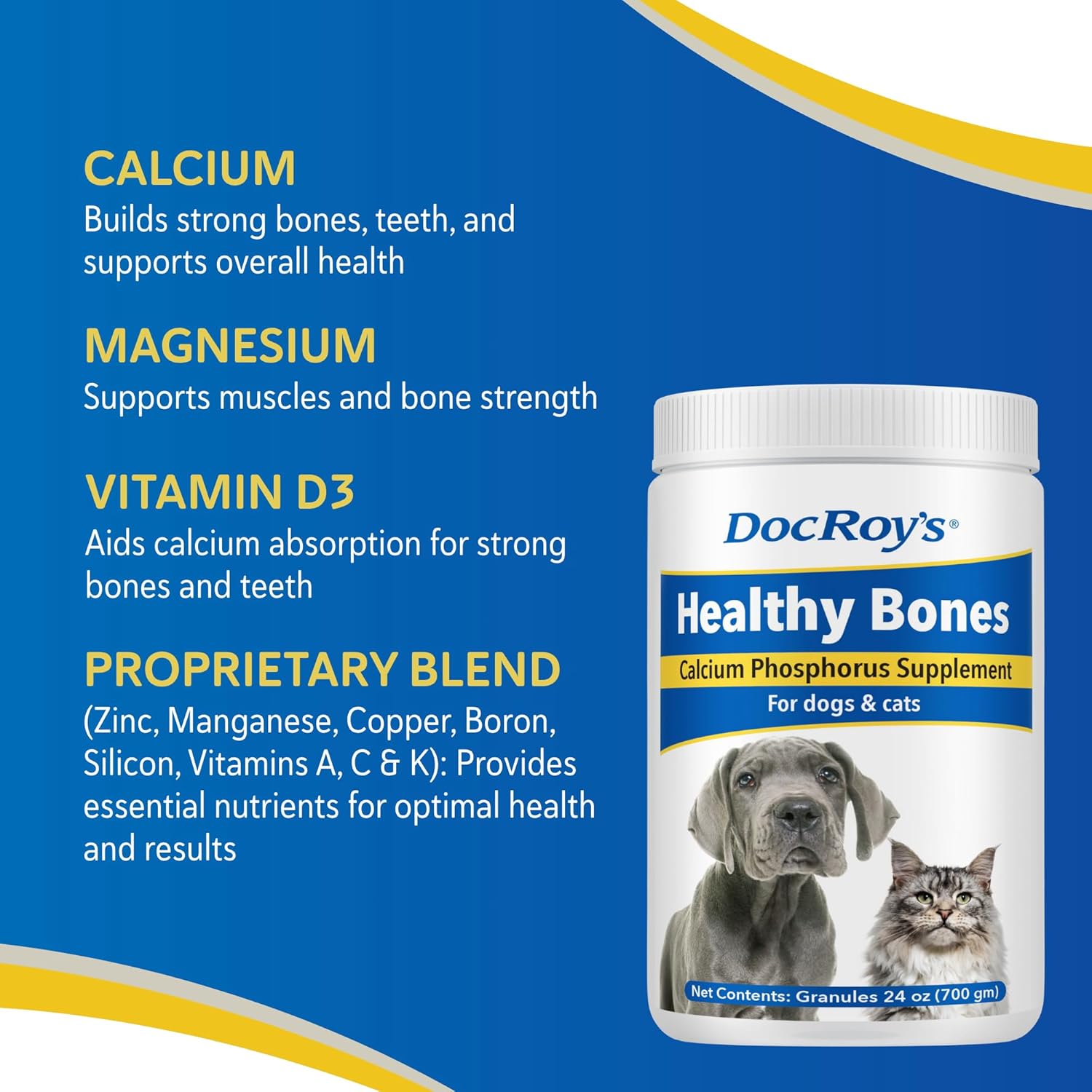 Doc Roy’s Healthy Bones Calcium Phosphorus Supplement Vitamin for Puppies, Dogs, Kittens & Lactating Females, Supports Strong Bones, Teeth & Muscle, Roast Beef & Liver Flavored, 700g Granules