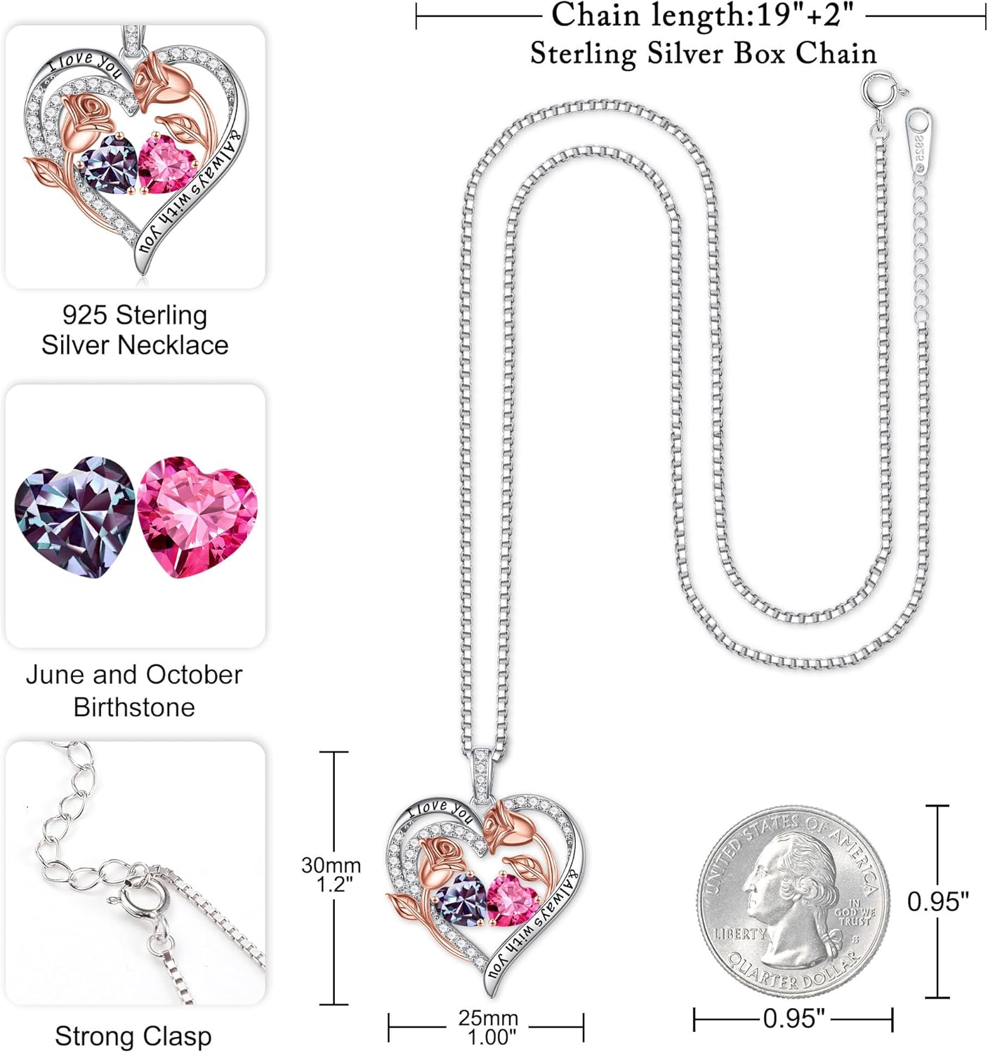 Iefil Rose Heart Necklace for Women - 925 Sterling Silver Rose Heart Birthstone Necklace Birthday Anniversary Jewelry Gifts for Her Wife Mom Daughter - Image 3