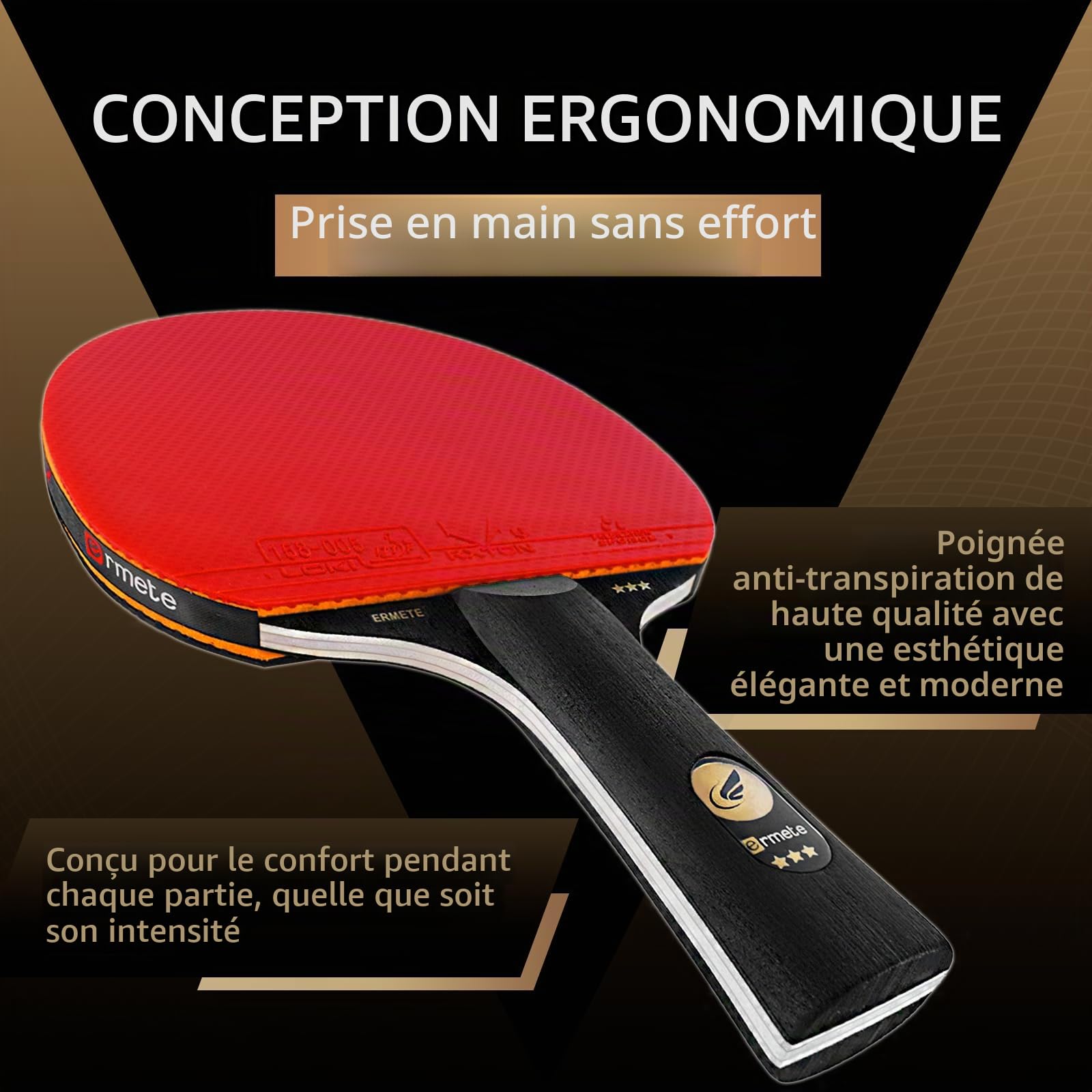 Ermete Sport Raquette de Ping Pong Set,Raquette De Tennis De Table Set pour Débutants et Joueurs Avancés Intérieur Extérieur,2*Raquette De Ping Pong+3*Balles(Ensemble RÉCRÉATIF)