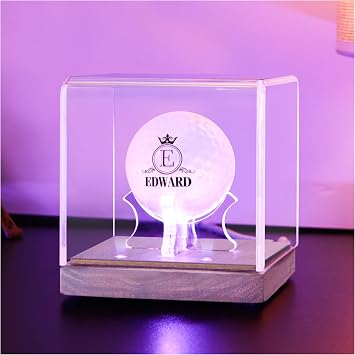 Golf Ball Display Case with LED Light and Walnut Wood Base, UV-Protected Clear Golf Ball Holder, Premium Light-Up Display Box for Memorabilia, Ideal Gift for Golf Enthusiasts and Collectors