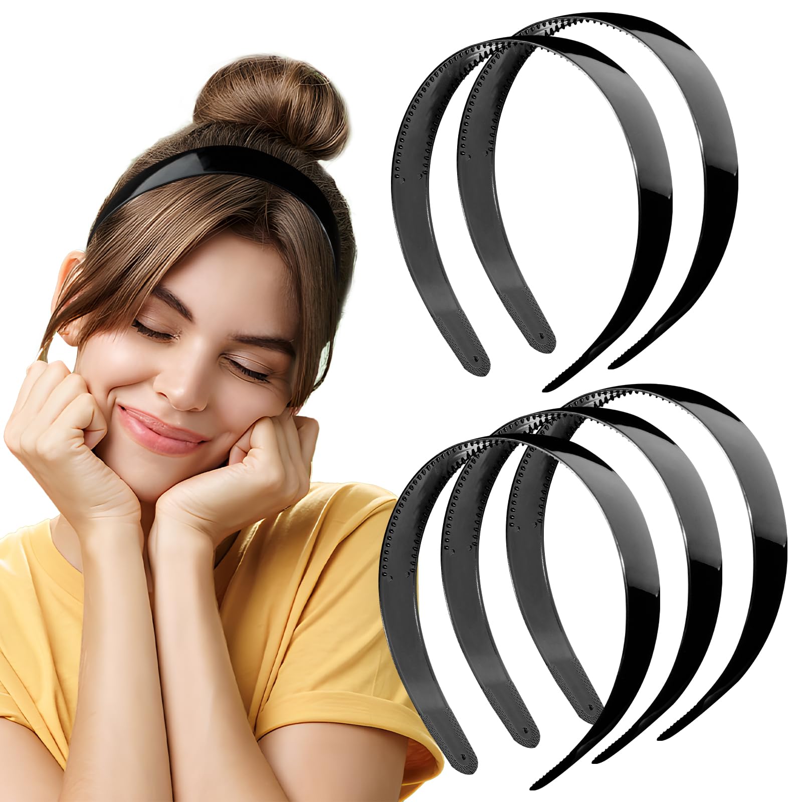 BOFUNX 5pcs Diadema Negra Plástica Ancha con Dientes Diadema Plástico Negra Ancha Accesorios para Cuidado Pelo Mujer Niña Uso Diario