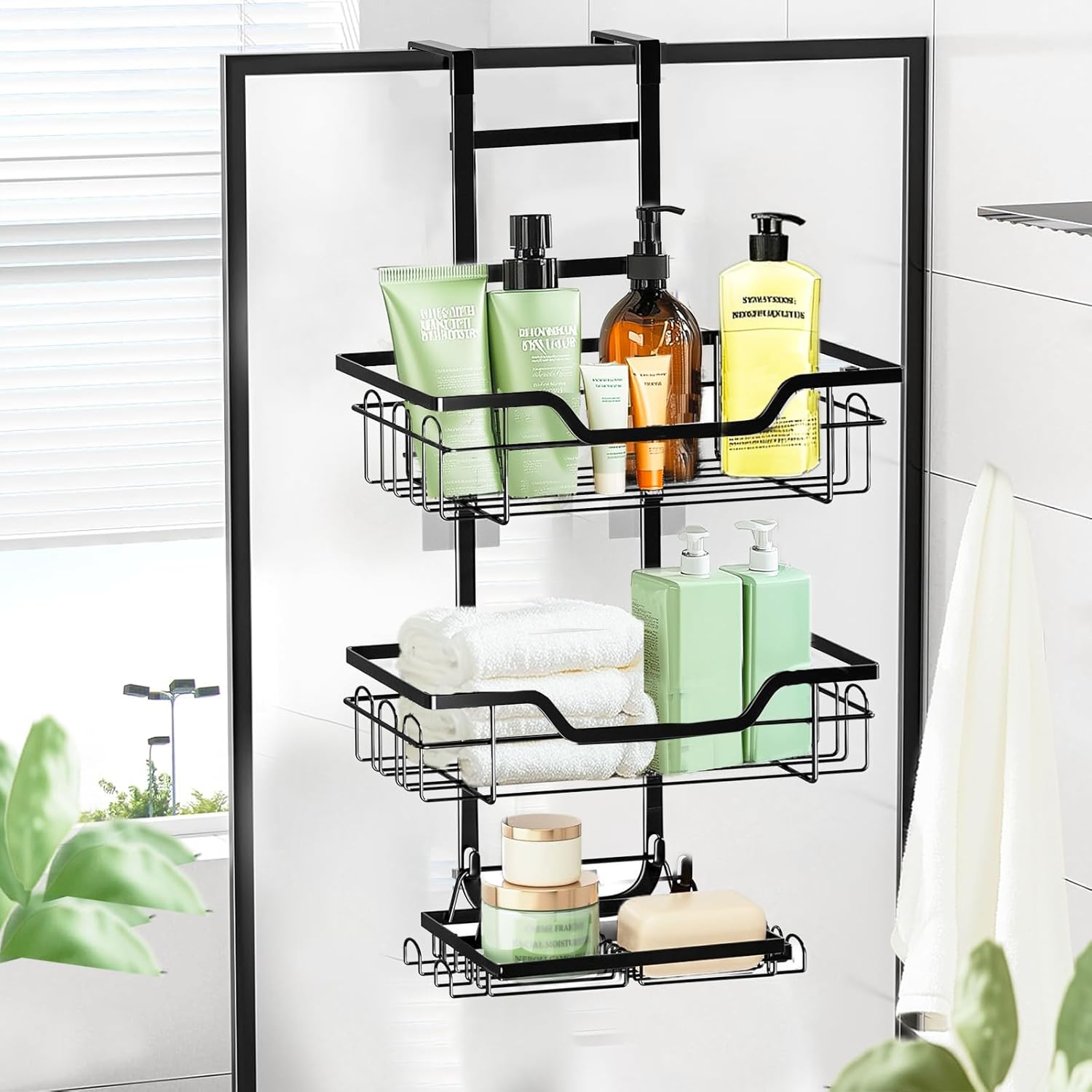 3 tier over the door shower caddy, hanging shower caddy perforation-free bathroom organizer, 3-tier wall hanging basket with soap rack & hooks, easy install no drill required