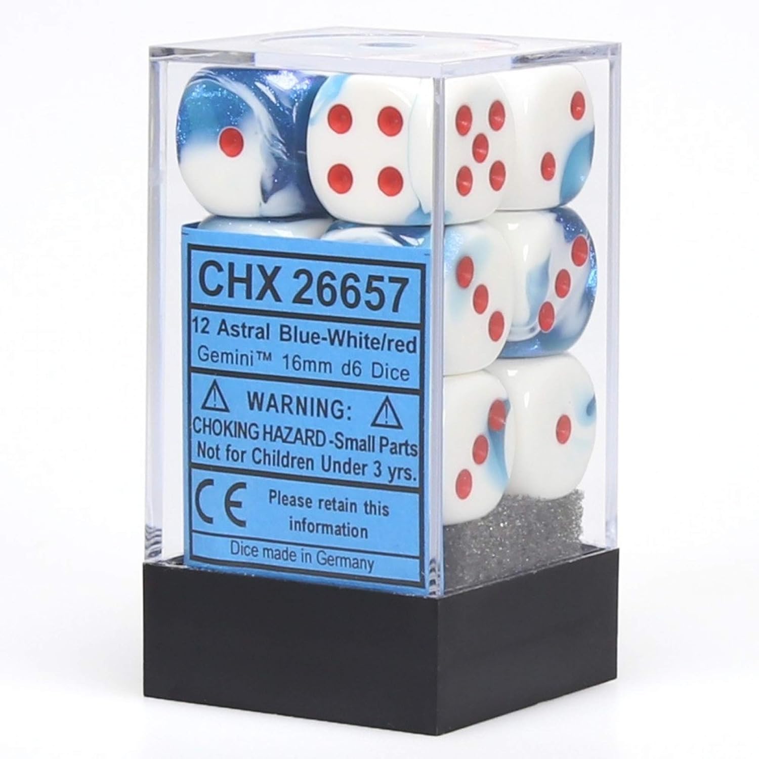 Chessex 체섹스 다이스 d6, 제미니 아스트랄 블루 화이트와 레드 - 16mm 6면 다이(12) 주사위 블록 설정
