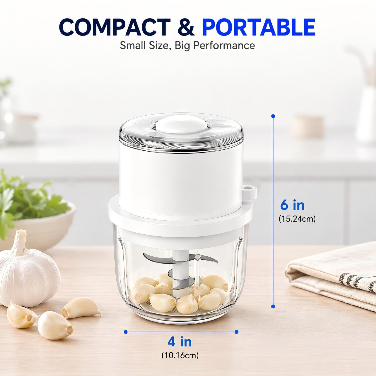 Tritatutto elettrico, mini robot da cucina da 350 ml, ciotola in vetro spesso, tritatutto portatile con 6 lame in acciaio inox, tritacarne cipolle per aglio, peperoncino, zenzero, noci