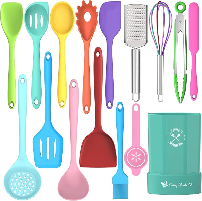 Silicone Kitchen Utensils Set, 16-Piece Silicone Cooking Utensils by Deedro | Heat Resistant Kitchen Tools Set with Holder, Nonstick Spatula Kitchen Gadgets for Cooking & Baking, Colorful