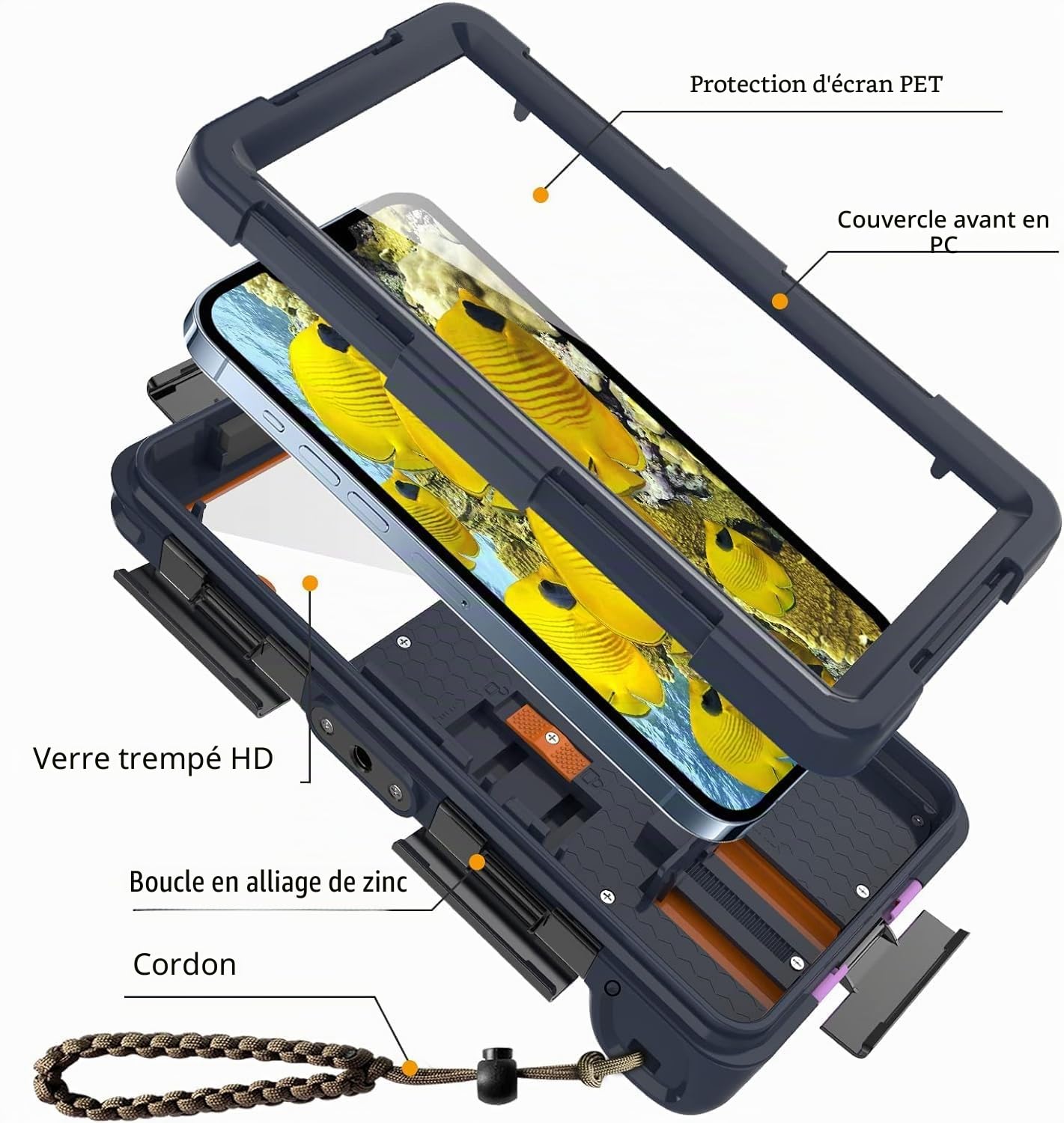 Étui de téléphone de plongée sous-marine pour iPhone 15/14/13/12/11 Pro Max, Samsung Galaxy S24/S23/S22/S21 Plus, ultra universel, [15 m] Étui étanche professionnel pour plongée sous-marine - Orange