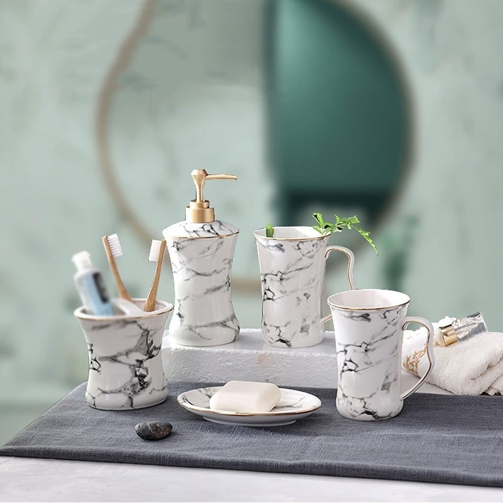 Set di accessori per il bagno Dispenser di sapone da cucina in ceramica con motivo in marmo bianco, 5 pezzi Arredamento per gli affittuari
