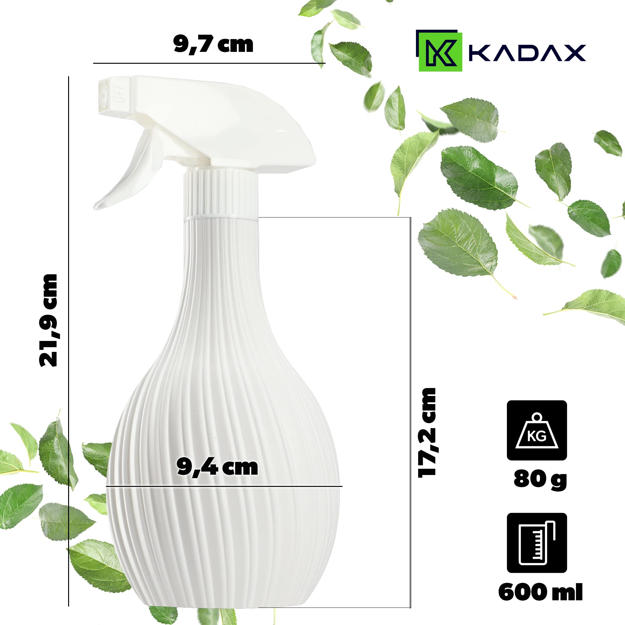 KADAX Ręczny spryskiwacz z tworzywa 600 ml, biały, do podlewania roślin, zraszania kwiatów, prac ogrodowych, sprzątania i użytku fryzjerskiego, kulisty ergonomiczny zbiornik
