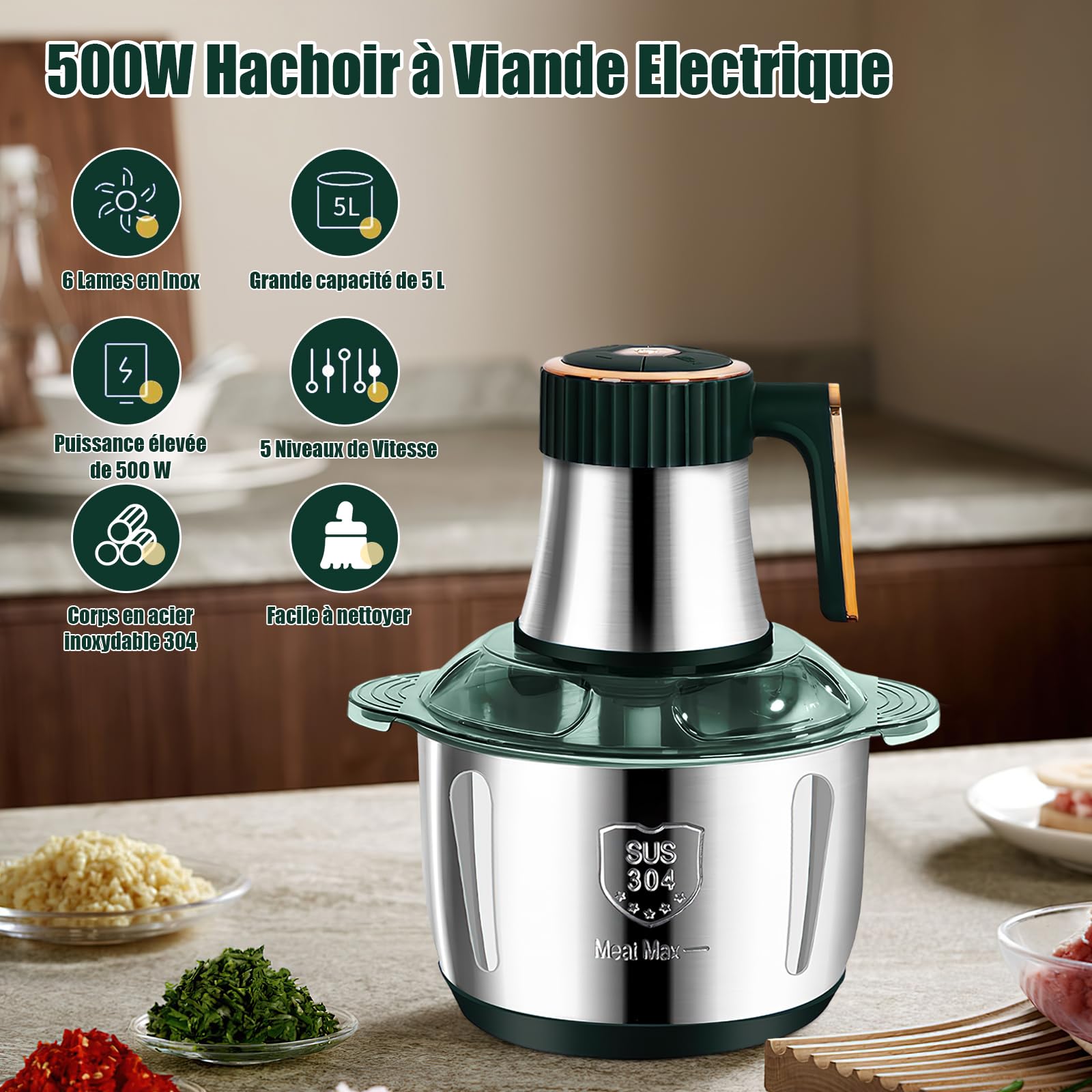 Hachoir à Viande Électrique 5L en Acier Inoxydable, 500W Mixeur Multifonction avec 3 Vitesses, 5 Lames Cyclone Robustes, Robot Culinaire pour Viande, Légumes, Noix et Aliments Bébé (Vert) - 3