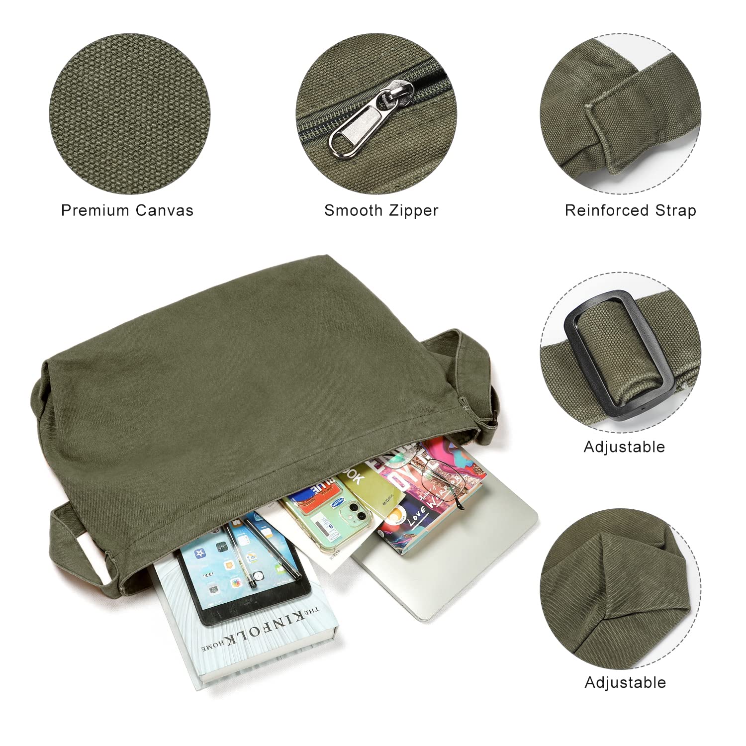 Etercycle, borsa a tracolla da donna in tela da uomo, grande borsa a tracolla con tracolla regolabile, borsa per studenti borsa messenger borsa hobo casual, verde