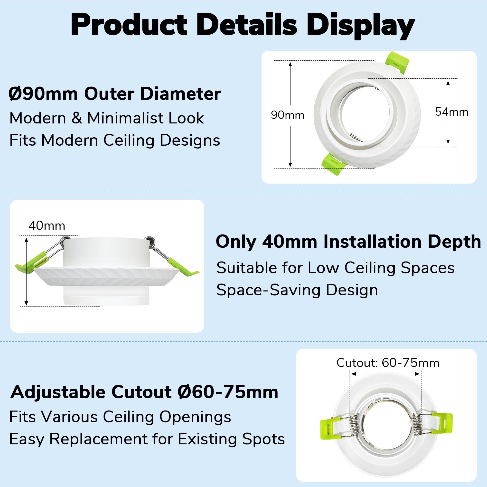 Set 12 Faretti da Incasso GU10, Ghiera Alluminio Bianco, con Portalampada GU10, Design Anti-Abbagliamento, Foro Regolabile 60-75mm, Ristrutturazione & Nuova Costruzione, Senza Lampadina