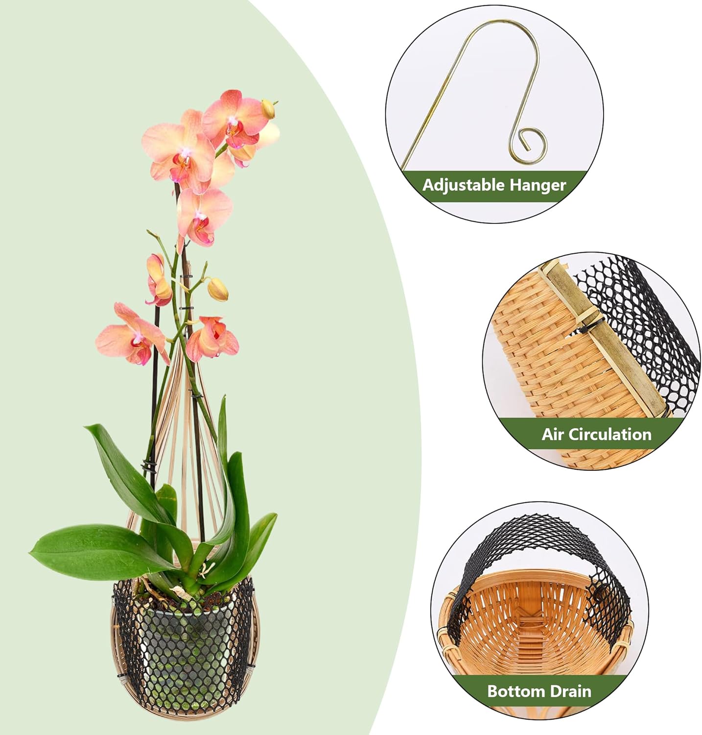 Orchid Hanging Pot Planters: 6PCS Handmade Bamboo Woven 4 Inch Hanging Orchid Basket with Metal Hook, Small Flower Plants Planter for Indoor Outdoor Patio Garden Decoration