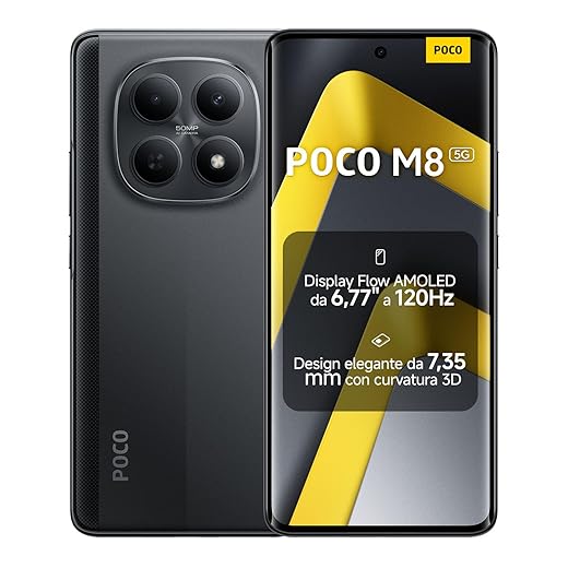 Xiaomi POCO M8 5G, Smartphone 8+256GB, Display AMOLED FIoW 6,77" 120Hz, Snapdragon® 6 Gen 3, Doppia fotocamera AI 50MP, Design curvo 3D da 7,35 mm, Nero, Garanzia 2 anni, Caricatore non incluso
