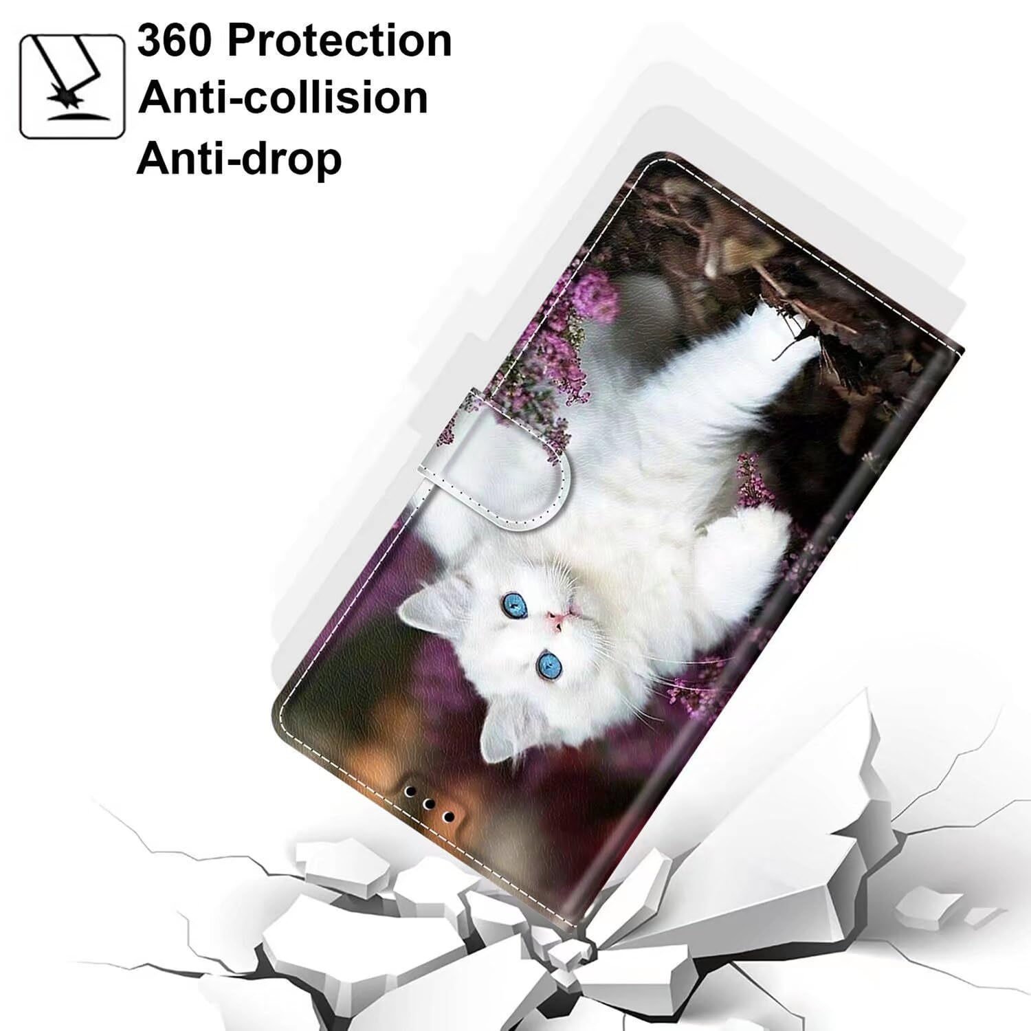 Dfjhure Motorola Moto G04/G24 Case Leather Flip Wallet Phone Case Cover Silicone Shockproof Bumper Cover Stand View Cover with Card Slots Phone Case For Motorola Moto G04/G24- White cat - Image 2