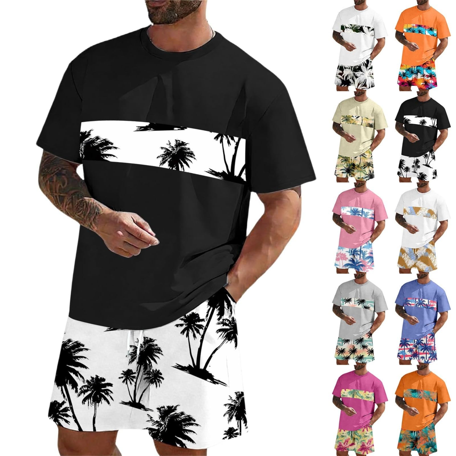 Completo Estivo Uomo Con Stampa Tropicale- 2 Pezzi Tuta Casual Per Spiaggia Completi,Tute Da Ginnastica Leggera T Shirt Manica Corta E Pantaloni Sportivi Magliette Set Per Passeggiate Fitness
