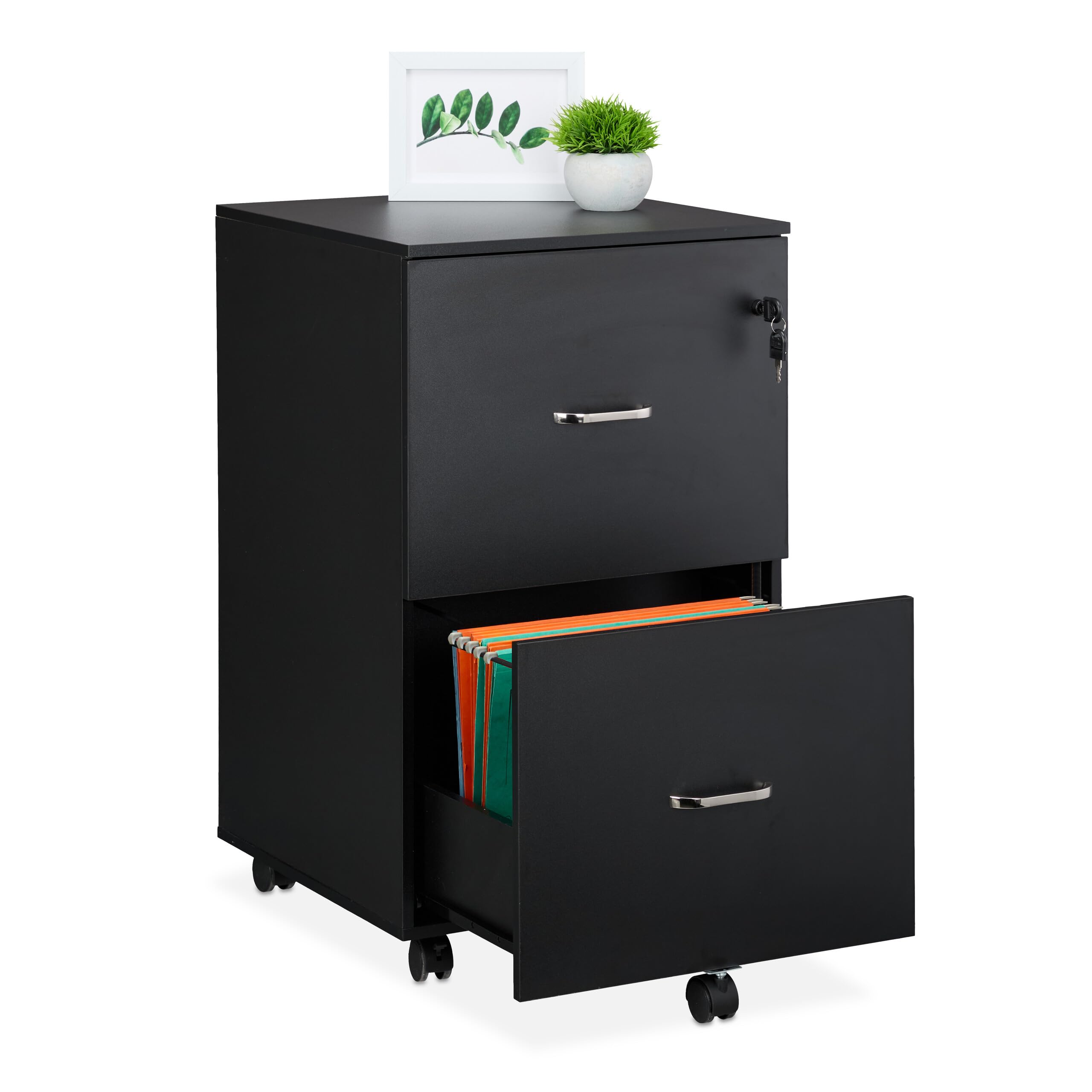 Relaxdays Mueble Archivador, 2 Cajones para Ficheros, 72 x 43 x 46 cm, Cajonera Oficina, Cierre con Llave, Negro
