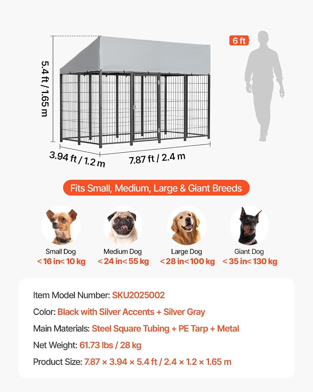 VEVOR Outdoor Dog Kennel, 7.87 x 3.94 x 5.4 ft Large Dog Kennel with Secure Lock, Outside Dogs Enclosures with UV-Resistant & Waterproof Roof Cover, Heavy Duty Pet Crate Cage Run for Large Dogs