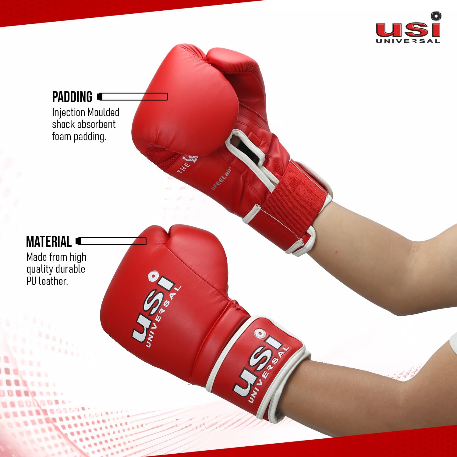 USI Boxing Gloves, 612 Reliance Punching Bag Gloves for Boxing, Kickboxing, Muay Thai, MMA, Durable Pu Material, Elasticated Hook, Loop Wrist Closure, Foam Padding (Size 8oz, Color Red) 1