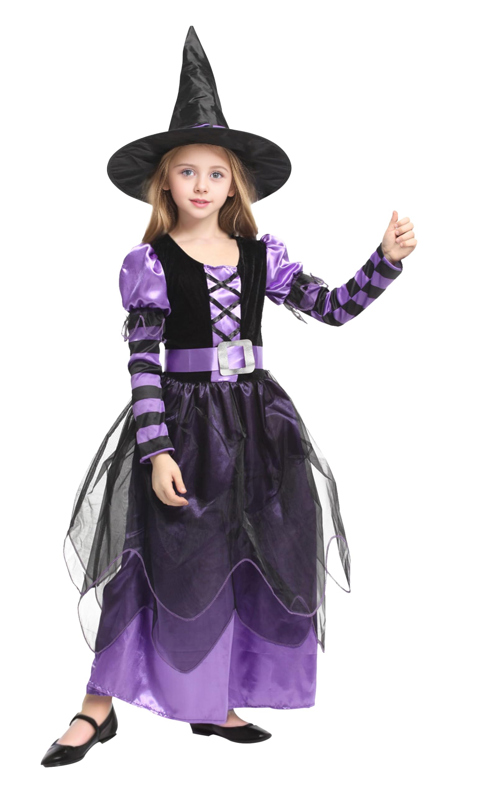 EOZY Disfraz Halloween Niña Disfraz de Bruja con Sombrero y Cinturón para Niñas Chicas para Halloween Carnaval,Cosplay(Purple,4-12 años)