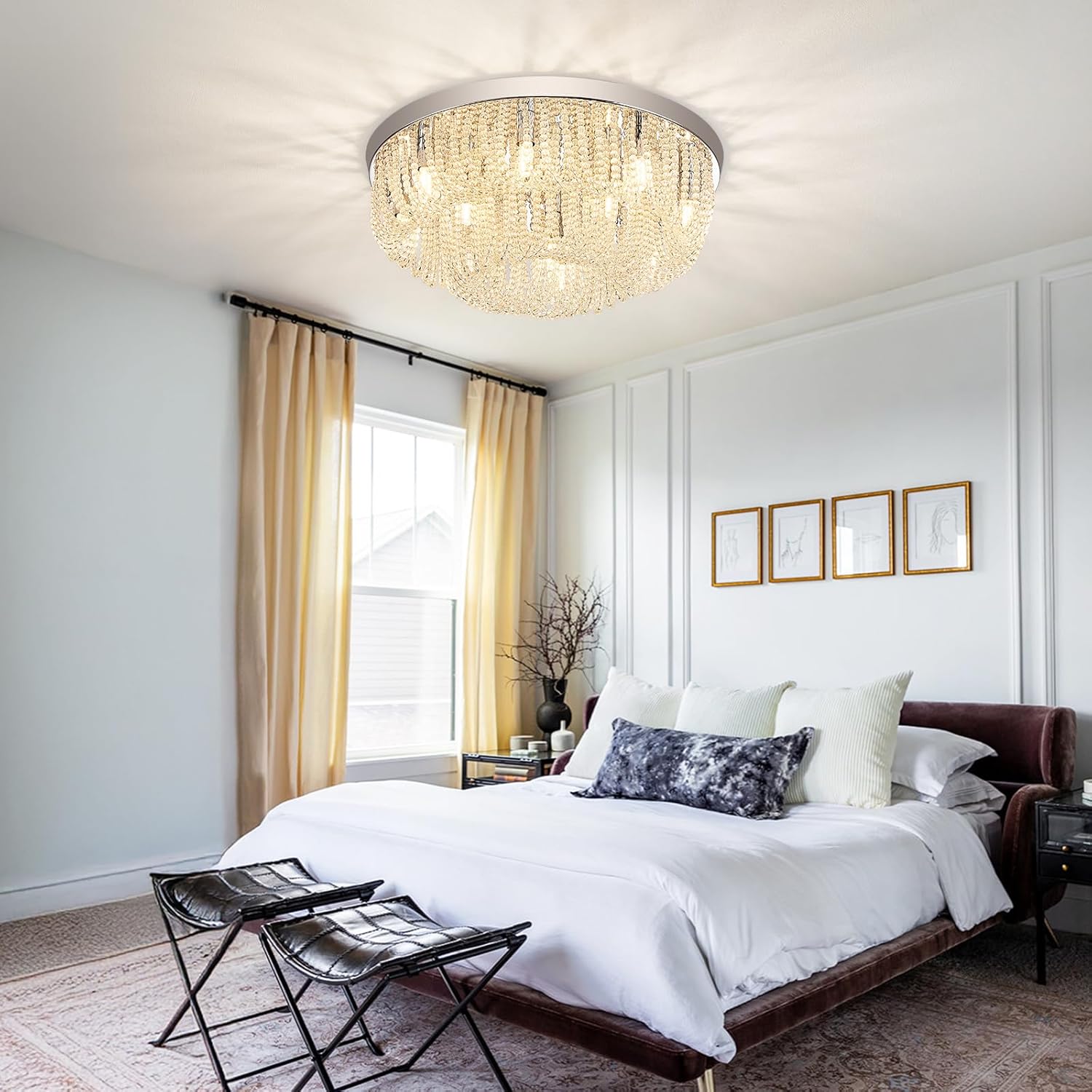 17" Crystal Chandelier, Semi Flush Mount Ceiling Light Fixture with Elegant Bead Chain Weaving, Chrome Ceiling Lamp Lighting for Living Room Dining Bedroom Bathroom Hallway Kitchen Closet