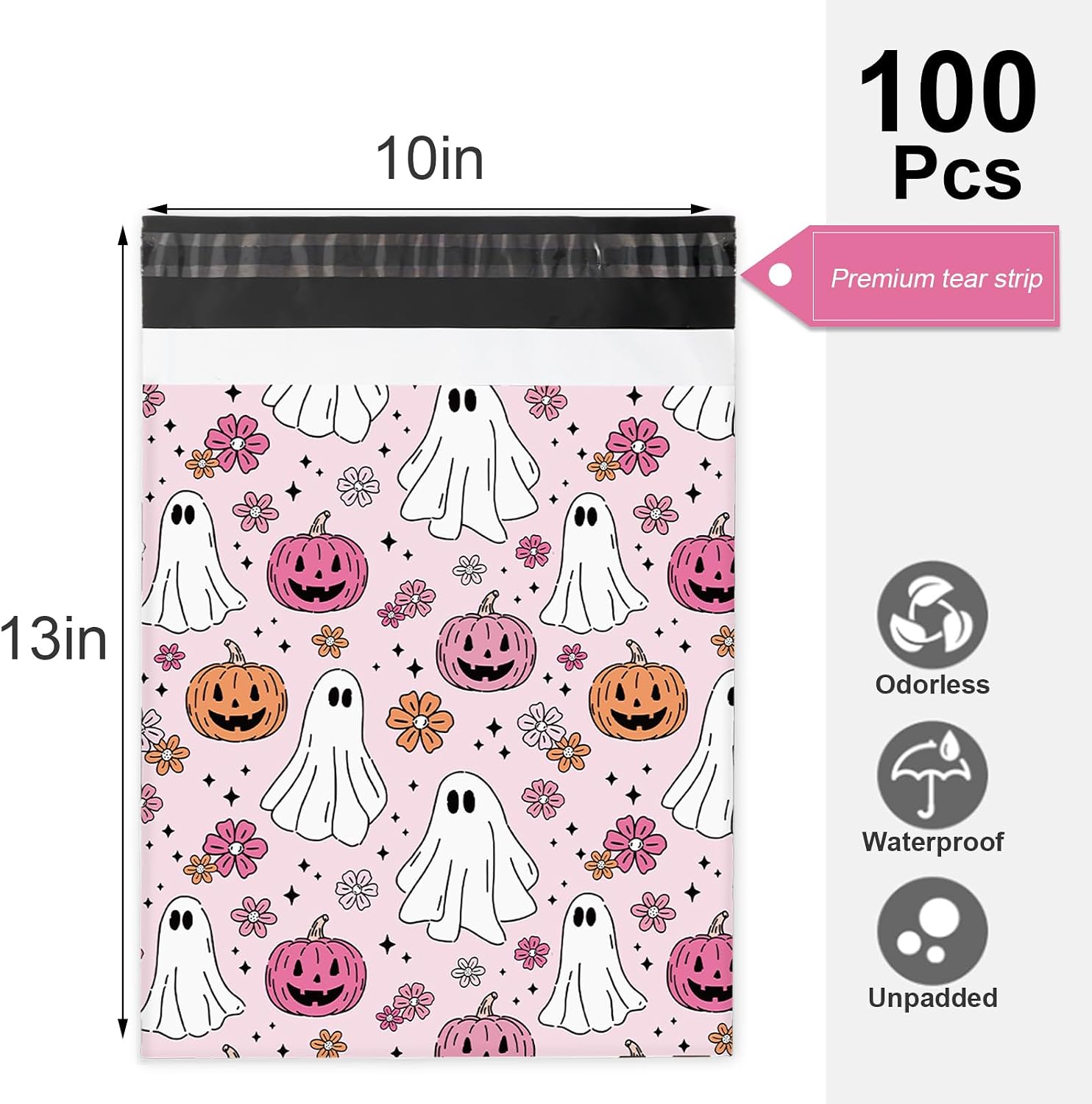 Whaline 100 Pcs Halloween Poly Mailer 10 x 13 Inch Pink Orange Pumpkin Ghost Mailing Bag Self-Sealing Plastic Packaging Envelope Bag for Small Business